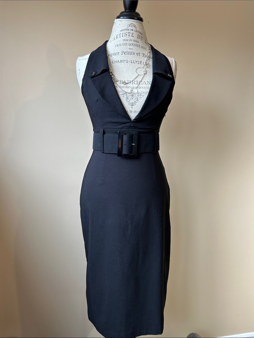 Belted Sleeveless Sheath Dress, Black, Small
